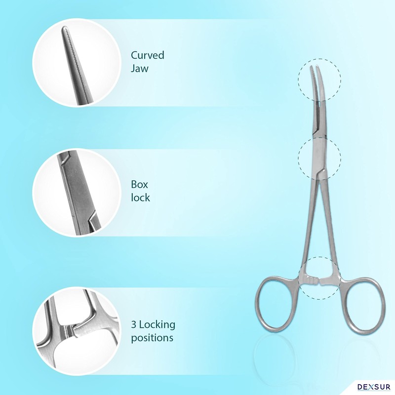 DEXSUR Precision Kelly Hemostat Forceps Locking Tweezers Clamp, Silver, 6.25