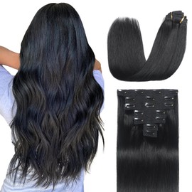Sisily Clip in Hair Extensions Real Human Hair, 18 inch 120g, Jet Black, 100% Brazilian Remy Human Hair Clip in Extensions Soft Straight 7pcs Per Set with 16 Clips Double Weft