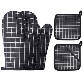 Win Change Oven Mitts and Potholders BBQ Gloves-Oven Mitts and Pot Holders with Recycled Infill Silicone Non-Slip Cooking Gloves for Cooking Baking Grilling (4-Piece Set,Black)