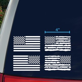 American Flag Decal 4 Pack: American Flag, Distressed American Flag Decals (Small ~4", White)