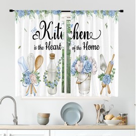 Cinbloo Farmhouse Blue Flower Kitchen Curtains 27.5Wx39H Inch Rod Pocket Rustic Floral Country Wooden Kitchenware Art Printed Funny Quotes Living Room Bedroom Window Drapes Treatment Fabric 2 Panels
