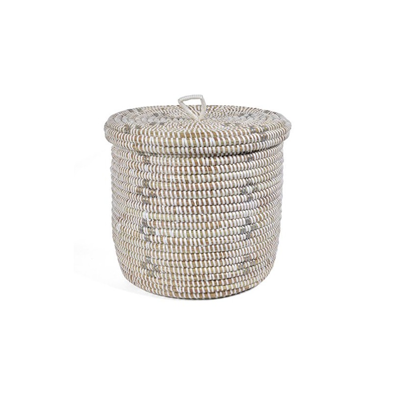 African Fair Trade Handwoven Lidded Shelf/Table Basket, White/Silver