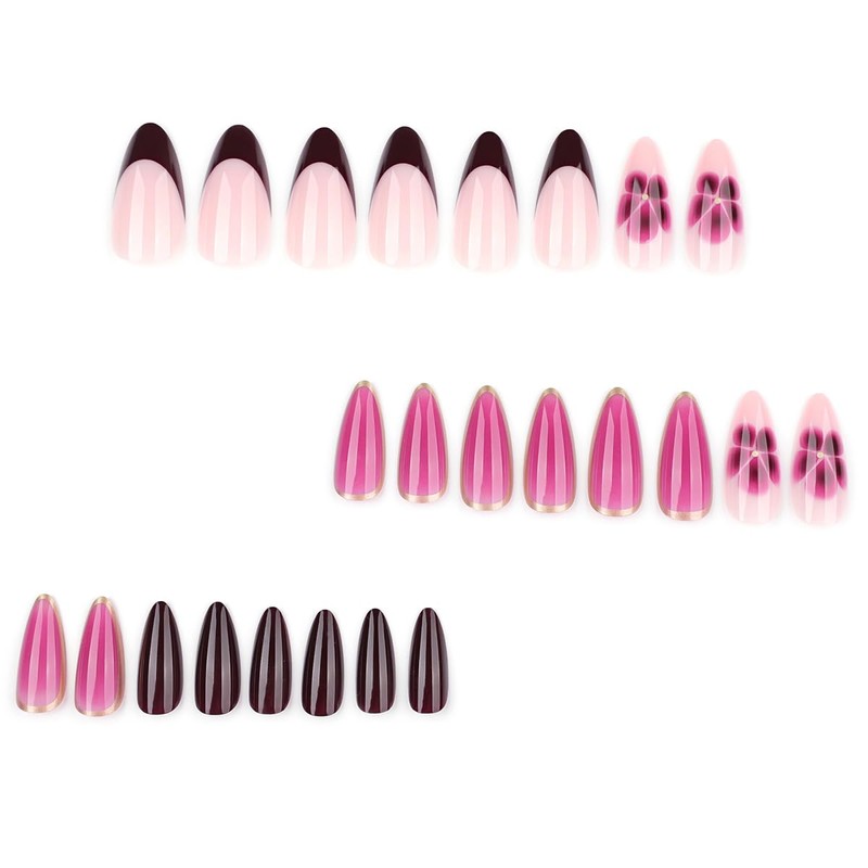 Dark Red Press on Nails Medium Almond QUNQINLI Gold Edge