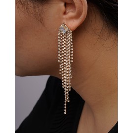 JWICOS Womens Long Tassel Rhinestone Chandelier Drop Statement Earrings Fashion Boho Earrings for Women and Girls (Gold)