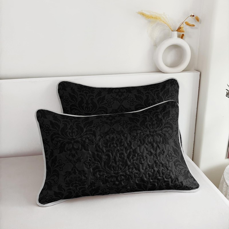 Axolotl Black Damask Quilt Set King Size,Dark Gothic Bedspread Coverlet