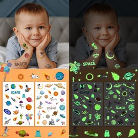 Temporary Fake Space Planets Glow In The Dark Tattoos For Kids, 50+ Pcs Space Astronaut Rocket Ship Alien Party Toys Favors Birthday Decorations For Boys Girls Teens(4 Sheets)