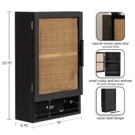 Kate and Laurel Ori Transitional Cane Wall Cabinet with Door, 15 x 7 x 24, Black and Natural Rattan, Decorative Rattan Over The Toilet Cabinet with Two Shelves and Bonus Storage Cubby