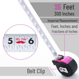 Mr. Pen- Tape Measure, 25-Foot, Pink, Steel Measuring Tape Measure with Fractions, Retractable Measuring Tape Retractable