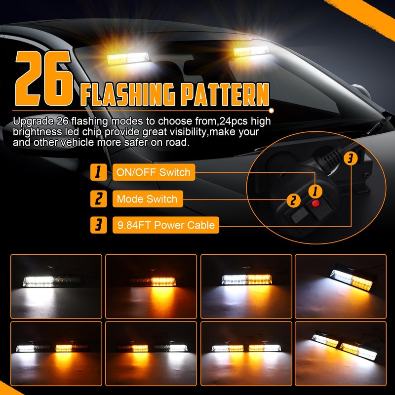 OPPBUY Strobe Light for Trucks,Amber White Emergency Dash Windshield with