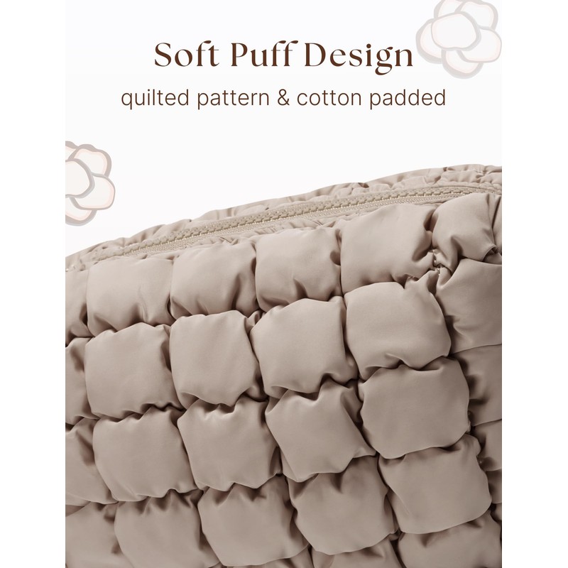 Unilily Puffy Cosmetic Bag for Women, Stone, Medium, Quilted Pattern