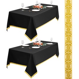 Teruntrue 2 Pack Black Tablecloths 153x260cm Polyester Rectangle Table Cloth for 6ft Tables,Gold-thread Jacquard Trim Design, Wrinkle Resistant Washable Table Clothes for Wedding,Party,Banquet