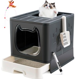 Gefryco Cat Litter Box with Lid, Top Entry Litter Box with Controlled Access, Covered Enclosed Cat Potty Odor Control, Kitten Litter Box for Small to Medium Cats, Scoop and Clean Brush Included(Black)