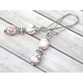 Vintage style earrings in reconstituted turquoise pink mounted on unusual hoop earrings in stainless steel