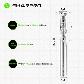 SHARPRO Spiral Upcut Router Bit 1/4 Inch Shank 1/4 Inch Cutting Dia. 1'' CL. Extra Long 2-1/2'' OVL. Solid Carbide Up Cut 1/4 CNC Router Bits, Ideal for Wood Inlay, Plunge Plastic 5PCS