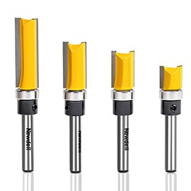 Pattern Flush Trim Router Bit Set 1/4 inch Shank, Newdeli 4pcs Straight Cut Router Bit with a Bearing Prevent Tear-Out, Cutting Height in 3/8”, 3/4”, 1”, 1-1/2”,Template Guide Woodworking Milling Cutter Tool