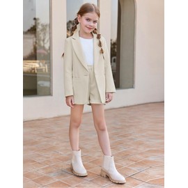 Girls 2 Piece Outfits Button Front Long Sleeve Blazer and Short Pants Suit Sets 4-14 Years