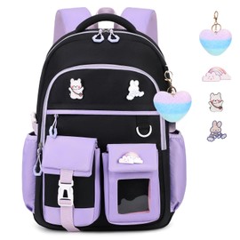 Girls Backpack, Lightweight Kids Backpack Kawaii School Backpacks Bookbag for Primary Elementary School,Age 6-14 years,Green Match Purple(Luggage Strap Ver)