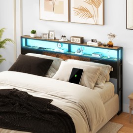 Livofloral King Size Headboard, Headboards with Charging Station, USB Port and LED Light, Head Board with 2-Tier Storage Shelf, Adjustable Height, Easy Assembly, Sturdy and Stable, Rustic Brown
