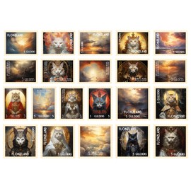 Post Stamps Stickers Set ~ Regal Cats in Celestial Splendor: A Collection of Majestic Felines and Radiant Skies ~ FLONZ Vintage Decals for Craft