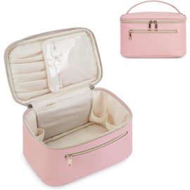 Bolsa De Cosméticos De Viaje De Gran Capacidad, Bolsa De Cosméticos Portátil De Cuero Resistente Al Agua, Bolsa De Cosméticos Multifuncional Para Mujer Con Asas(Rosa)