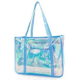 TotePrint Fashion Women Bag Super Large Holographic Beach Todd Package TPU Material Rainbow Transparent Waterproof Shoulder Bag, blue, L