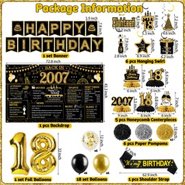 18th Birthday Decorations for Women Men, 39 Pcs Birthday Party Decoration Set, Back in 2007 Vintage Black Gold Happy Birthday Balloons Banner Backdrop Honeycomb Hanging Swirl Birthday Party Supplies