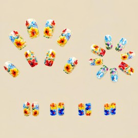 Coffin Press on Nails Square Shape Fake Nails with Designs Full Cover Glossy Floral False Nails Short Artificial Stick on Nails Flower Nails Press on Acrylic Nails Spring Glue on Nails for Women 24PCS