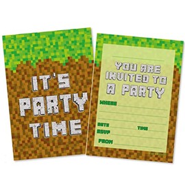 (Pack of 12) Block Building Gamer Inspired Birthday Party Invitations with Green Envelopes