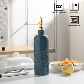 Sweejar Olive Oil Dispenser Bottle for Kitchen, 18 Oz Ceramic EVOO and Vinegar Dispenser with Spout, Relief Opaque Oil Container for Avocado, Leak Proof, Easy to Pour, Pack of 1 (Fogblue, Gold Pourer)