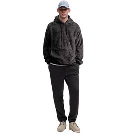 VahRuta Sherpa Hoodie Men Fur Big And Tall Fluffy Sweatshirts Bear Fuzzy Jacket Pullover with Hood Pockets Black S