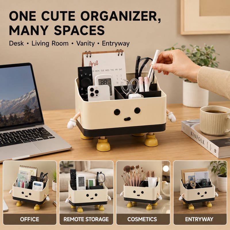 Beige Desktop Storage Organizer Box, HIPS Plastic Open-Top Compartment Desk