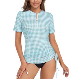 LURANEE Womens Short Sleeve Rash Guard Shirts UPF 50+ Side Adjustable Wetsuit Swimsuit Top Blue Houndstooth 2XL