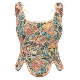Scarlet Darkness Women Vintage Floral Print Corset Top Lace Up Renaissance Bustier Apricot Floral Size 14