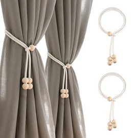 Mesbeslor Curtain Tiebacks Set of 2 – 19.7" White Cotton Linen Rope with Wooden Beads, No Drilling Required and Easy to Use, Minimalist Curtain Holdbacks for Home Décor