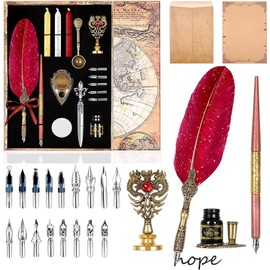 Quill Pen and Ink Set,Feather Pen Ink Set Includes Quill Pen and wooden dip pen,Ink,17 Replacement Nib,Pen Base,3 Wax Seal Sticks,Stamp,White Wax, Spoon,Envelope Letter Paper,envelope tool(Purple)