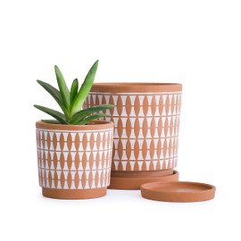 D'vine Dev Set of 2 Terracotta Pots, 4 Inch & 6 Inch, Planter Pots for Plants with Drainage Holes and Saucers, Pottery Red/White, 31-958-B-1