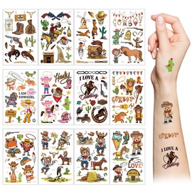 Western Cowboy Temporary Tattoos,12 Sheets Wild West Cowboy&Cowgirl Cactus Horse Cow Waterproof Fake Tattoo Stickers for Kids Boys Girls Birthday Gifts Party Favor Supplies