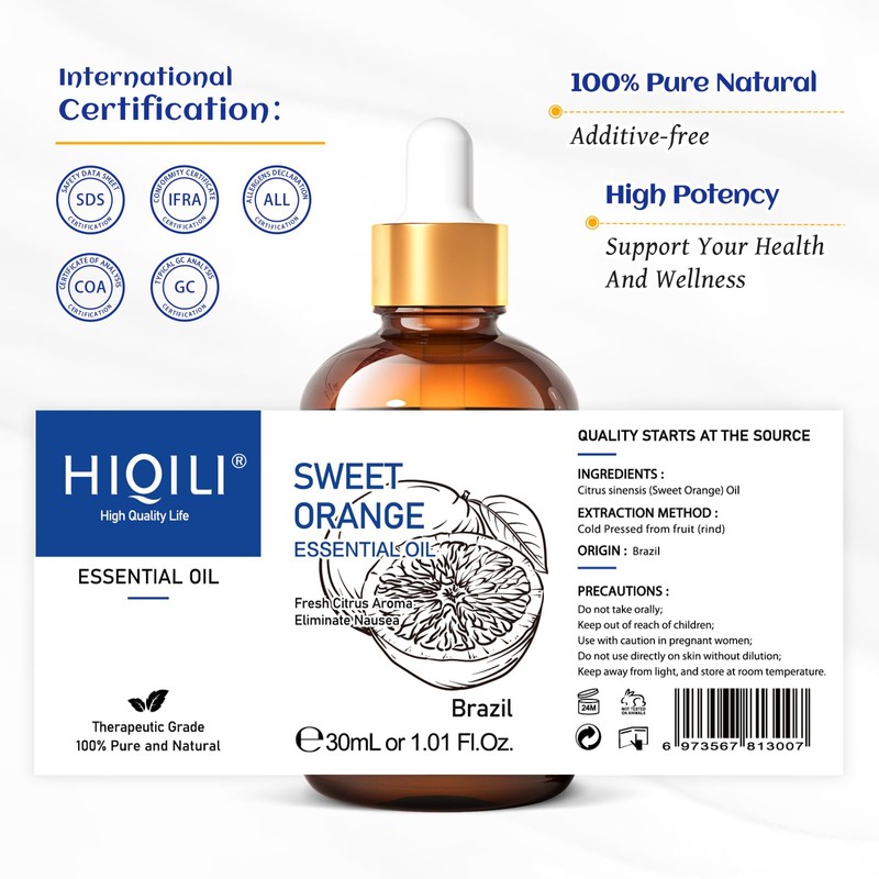 HIQILI 30ML Sweet Orange Essential Oil - Pure and Natural