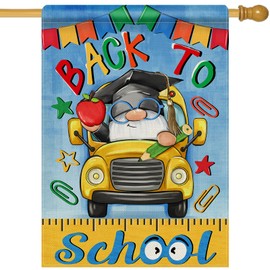 Dyrenson Back to School Bus Gnome 28 x 40 House Flag Double Sided