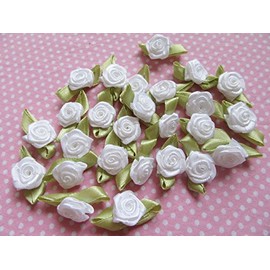 YYCRAFT Pack of 100 pcs Satin Ribbon Rose w/Leaf Wedding Bride Appliques/Craft, White