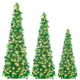 Leyndo Pop up Christmas Tree with LED Light Pre Lit Artificial Collapsible Christmas Pencil Sequin Tinsel Skinny Xmas Tree for Indoor Home Fireplace Decoration(3ft、4ft、5 ft,Green,3)