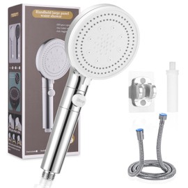 Shower Head with Hose 1.5 m, 6 Jet Types, Shower Head with Filter, Shower Head Water-Saving, Economy Shower Head with Stop Function, Hand Shower with Holder, Silver Shower Head for Bathroom and Shower