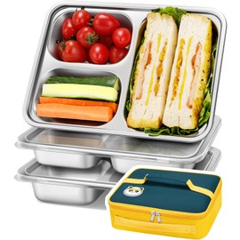 KTKUDY 3 Pack Stainless Steel Snack & Lunch Containers with Plastic Lids - 3 Compartments Metal Bento Lunch Boxes for Kids & Adults - Not 100% Leakproof - Meal Prep Containers - Toddler & Kids Plates