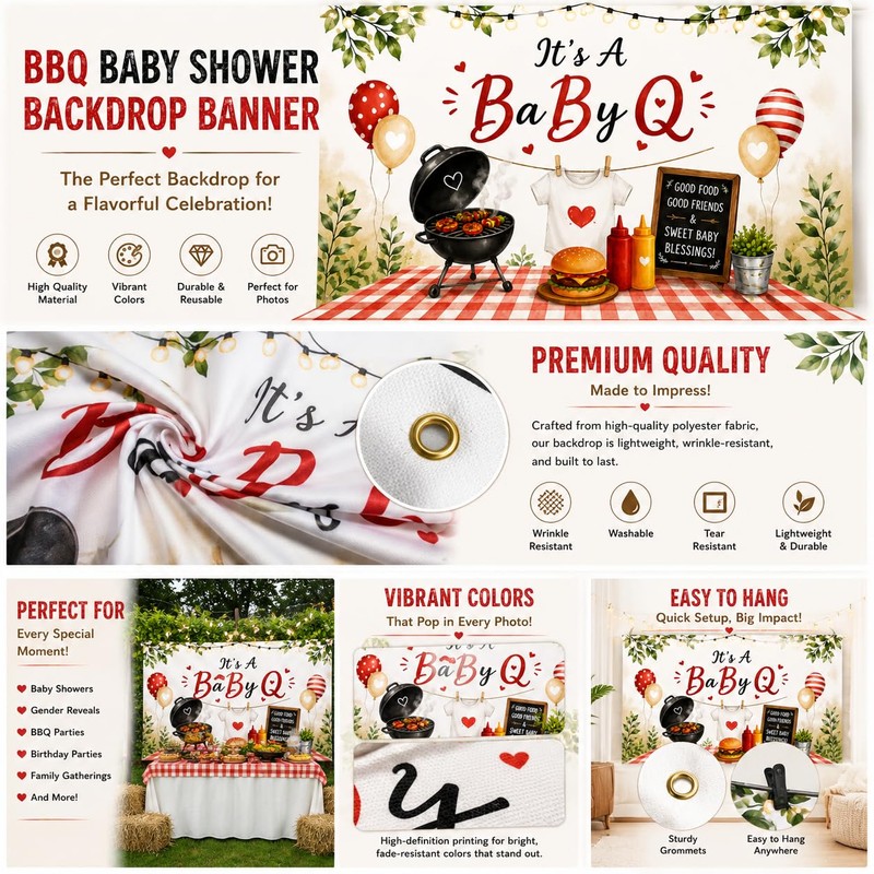 BBQ Baby Shower Backdrop Banner It's a Baby Q Baby