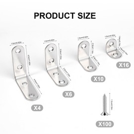 36PCS L Brackets for Wood Angle Brackets 16 x 49mm,16 x 39mm,16 x 29mm,1.6 x 19mm Stainless Steel Corner Brace Right Corner 90 Degree L Shaped Bracket with 100 Screws for Wood Furniture Fixation