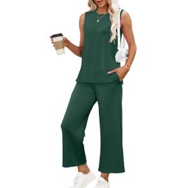 XIEERDUO Women's 2 Piece Summer Outfits 2 Pc Spring Lounge Sets Sleeveless Crewneck Wide Leg Tracksuit Casual Clothing Green Vacation Clothes M
