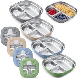 Geiserailie 4 Packs Stainless Steel Kids Plates with Silicone Sleeve Divided Suction Plates for Kids Toddler Divided Tray for Children Dishwasher Safe Feeding Supplies (Blue,Green,Beige,Gray)