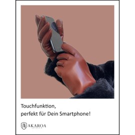 AKAROA ESTD 2019 MIA Women's Leather Gloves, Touchscreen Function, Italian Leather, Lining Made of Original New Zealand Lambskin, 4 Sizes S - XL, Mia Cognac