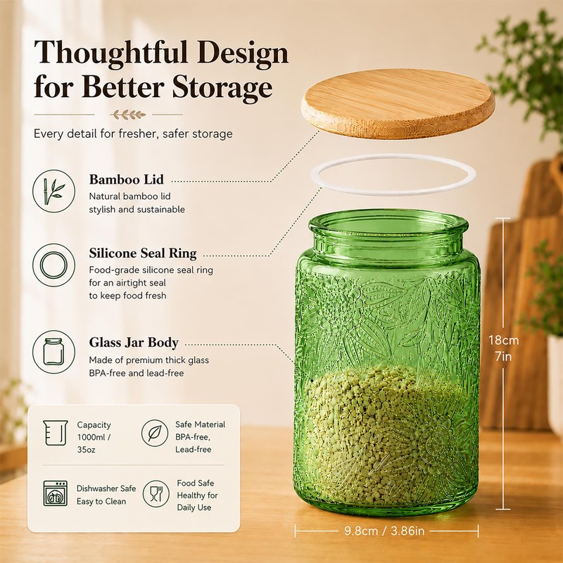 Custde Glass Storage Jars With Airtight Lid, 35oz Canister For