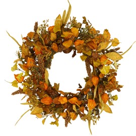 YNYLCHMX 18" Fall Wreaths for Front Door, Artificial Autumn Wreath with Cape Gooseberry and Ginkgo Leaves for Home Porch Window Wall Farmhouse Decor, Indoor Outdoor, Holiday Decor